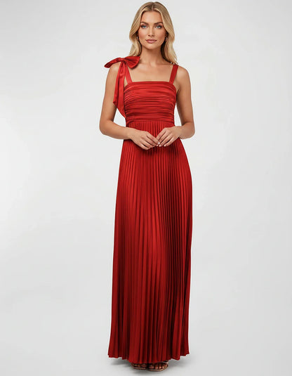 Satin-Feel Sleeveless Square Neck Empire Waist Pleated Maxi Dress for Party, Cocktail, Evening, Wedding Guest & Summer Events | SKU: VMD-583741920684157-RED-L,VMD-583741920684157-RED-M,VMD-583741920684157-RED-S,VMD-583741920684157-RED-XL,VMD-583741920684157-RED-XS