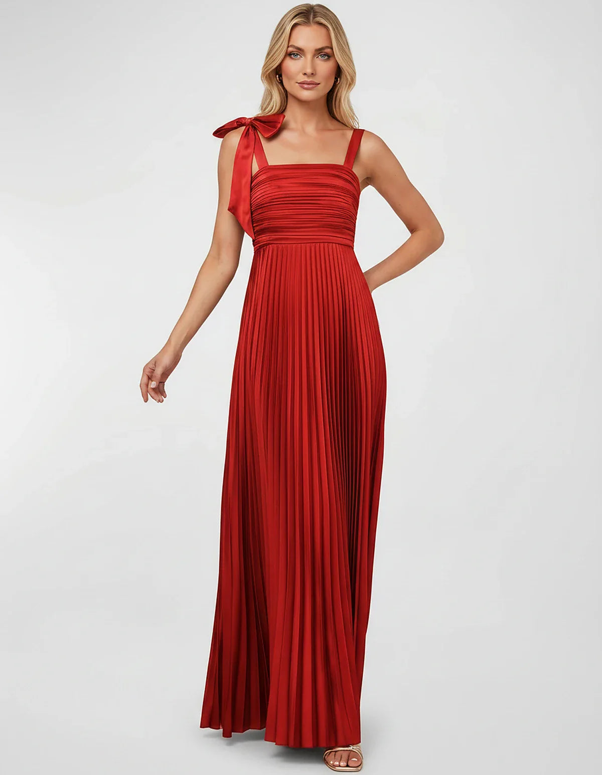 Satin-Feel Sleeveless Square Neck Empire Waist Pleated Maxi Dress for Party, Cocktail, Evening, Wedding Guest & Summer Events | SKU: VMD-583741920684157-RED-L,VMD-583741920684157-RED-M,VMD-583741920684157-RED-S,VMD-583741920684157-RED-XL,VMD-583741920684157-RED-XS