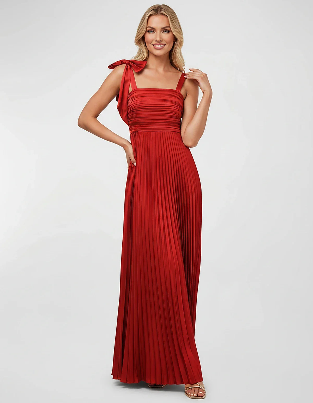 Satin-Feel Sleeveless Square Neck Empire Waist Pleated Maxi Dress for Party, Cocktail, Evening, Wedding Guest & Summer Events | SKU: VMD-583741920684157-RED-L,VMD-583741920684157-RED-M,VMD-583741920684157-RED-S,VMD-583741920684157-RED-XL,VMD-583741920684157-RED-XS