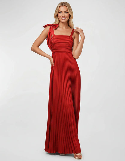 Satin-Feel Sleeveless Square Neck Empire Waist Pleated Maxi Dress for Party, Cocktail, Evening, Wedding Guest & Summer Events | SKU: VMD-583741920684157-RED-L,VMD-583741920684157-RED-M,VMD-583741920684157-RED-S,VMD-583741920684157-RED-XL,VMD-583741920684157-RED-XS