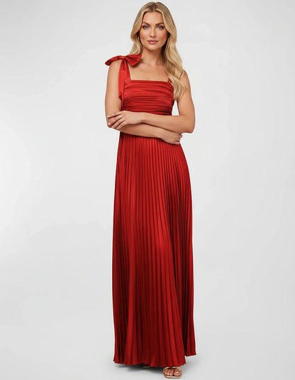 Satin-Feel Sleeveless Square Neck Empire Waist Pleated Maxi Dress for Party, Cocktail, Evening, Wedding Guest & Summer Events | SKU: VMD-583741920684157-RED-L,VMD-583741920684157-RED-M,VMD-583741920684157-RED-S,VMD-583741920684157-RED-XL,VMD-583741920684157-RED-XS