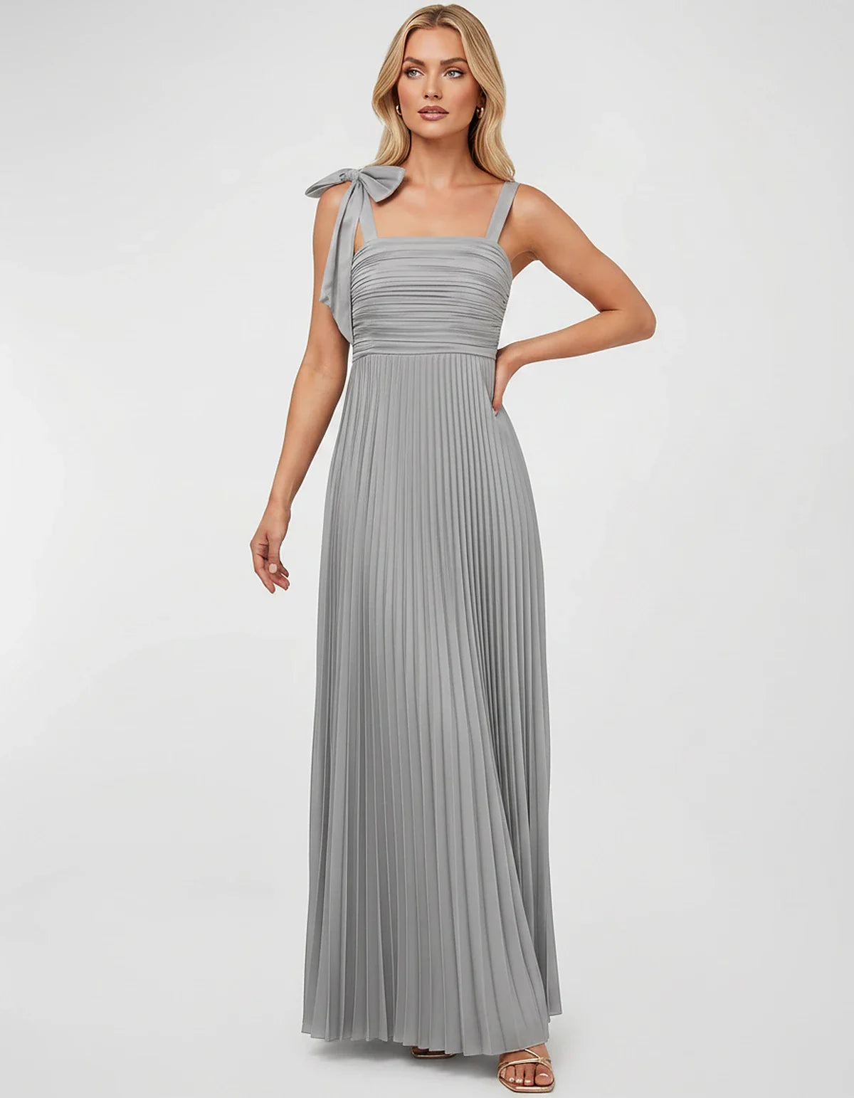 Satin-Feel Sleeveless Square Neck Empire Waist Pleated Maxi Dress for Party, Cocktail, Evening, Wedding Guest & Summer Events | SKU: VMD-583741920684157-SILVER-L,VMD-583741920684157-SILVER-M,VMD-583741920684157-SILVER-S,VMD-583741920684157-SILVER-XL,VMD-583741920684157-SILVER-XS