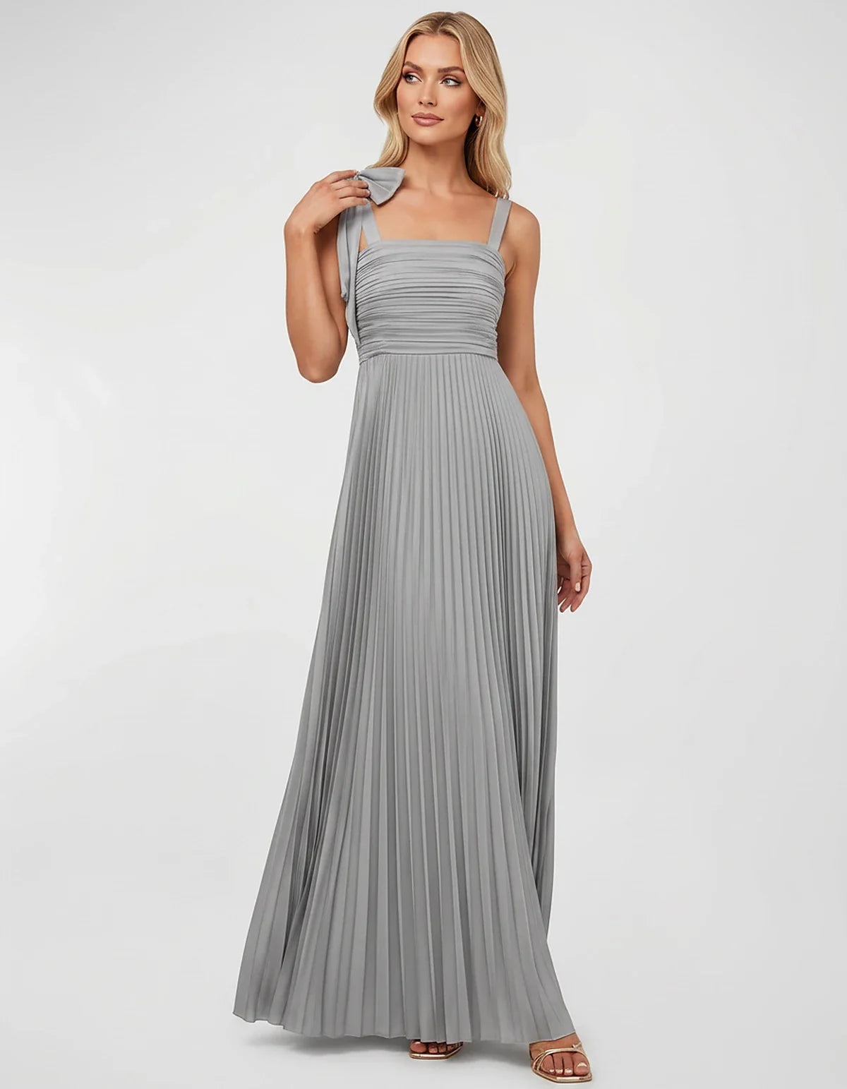 Satin-Feel Sleeveless Square Neck Empire Waist Pleated Maxi Dress for Party, Cocktail, Evening, Wedding Guest & Summer Events | SKU: VMD-583741920684157-SILVER-L,VMD-583741920684157-SILVER-M,VMD-583741920684157-SILVER-S,VMD-583741920684157-SILVER-XL,VMD-583741920684157-SILVER-XS