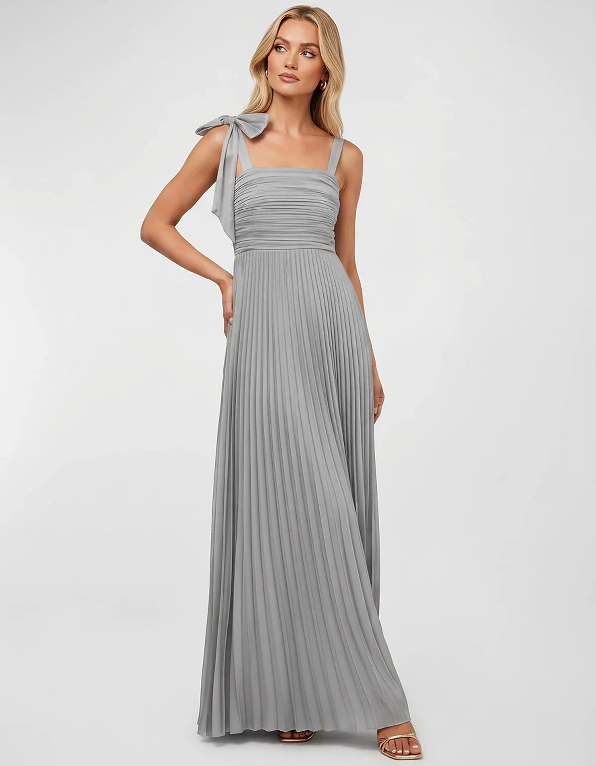 Satin-Feel Sleeveless Square Neck Empire Waist Pleated Maxi Dress for Party, Cocktail, Evening, Wedding Guest & Summer Events | SKU: VMD-583741920684157-SILVER-L,VMD-583741920684157-SILVER-M,VMD-583741920684157-SILVER-S,VMD-583741920684157-SILVER-XL,VMD-583741920684157-SILVER-XS