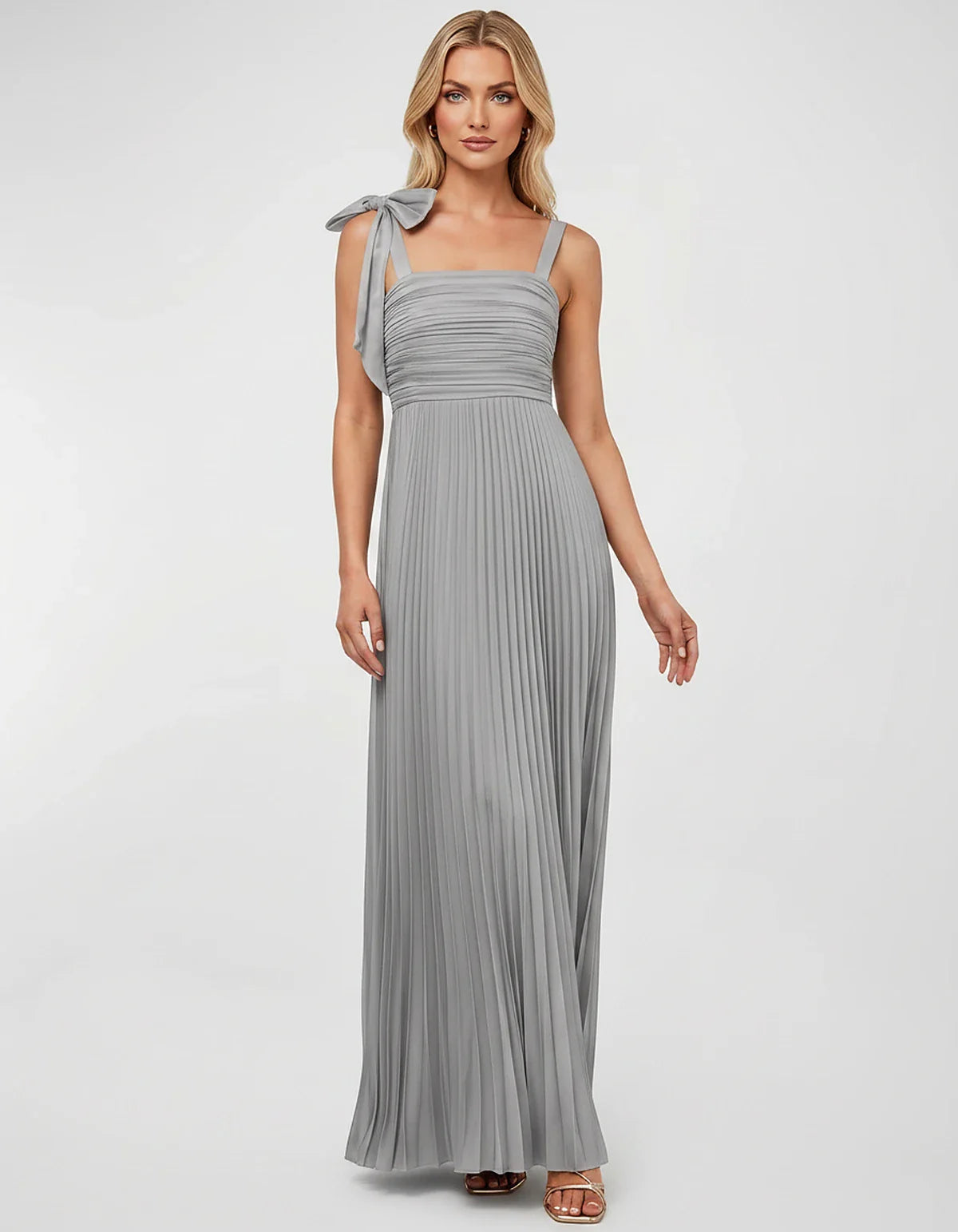 Satin-Feel Sleeveless Square Neck Empire Waist Pleated Maxi Dress for Party, Cocktail, Evening, Wedding Guest & Summer Events | SKU: VMD-583741920684157-SILVER-L,VMD-583741920684157-SILVER-M,VMD-583741920684157-SILVER-S,VMD-583741920684157-SILVER-XL,VMD-583741920684157-SILVER-XS