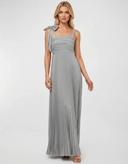 Satin-Feel Sleeveless Square Neck Empire Waist Pleated Maxi Dress for Party, Cocktail, Evening, Wedding Guest & Summer Events | SKU: VMD-583741920684157-SILVER-L,VMD-583741920684157-SILVER-M,VMD-583741920684157-SILVER-S,VMD-583741920684157-SILVER-XL,VMD-583741920684157-SILVER-XS