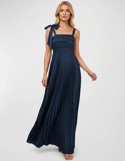 Satin-Feel Sleeveless Square Neck Empire Waist Pleated Maxi Dress for Party, Cocktail, Evening, Wedding Guest & Summer Events | SKU: VMD-583741920684157-NAVY-L,VMD-583741920684157-NAVY-M,VMD-583741920684157-NAVY-S,VMD-583741920684157-NAVY-XL,VMD-583741920684157-NAVY-XS