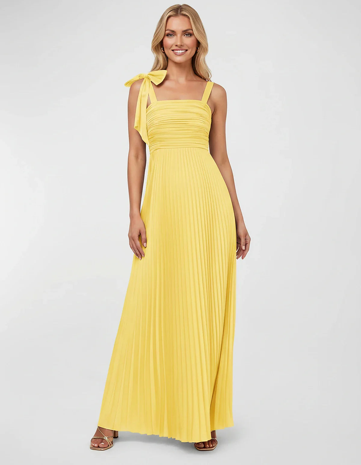Satin-Feel Sleeveless Square Neck Empire Waist Pleated Maxi Dress for Party, Cocktail, Evening, Wedding Guest & Summer Events | SKU: VMD-583741920684157-YELLOW-L,VMD-583741920684157-YELLOW-M,VMD-583741920684157-YELLOW-S,VMD-583741920684157-YELLOW-XL,VMD-583741920684157-YELLOW-XS