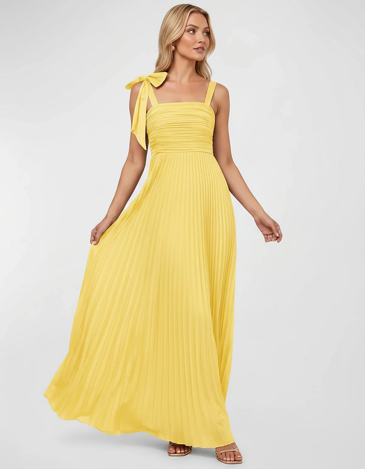 Satin-Feel Sleeveless Square Neck Empire Waist Pleated Maxi Dress for Party, Cocktail, Evening, Wedding Guest & Summer Events | SKU: VMD-583741920684157-YELLOW-L,VMD-583741920684157-YELLOW-M,VMD-583741920684157-YELLOW-S,VMD-583741920684157-YELLOW-XL,VMD-583741920684157-YELLOW-XS