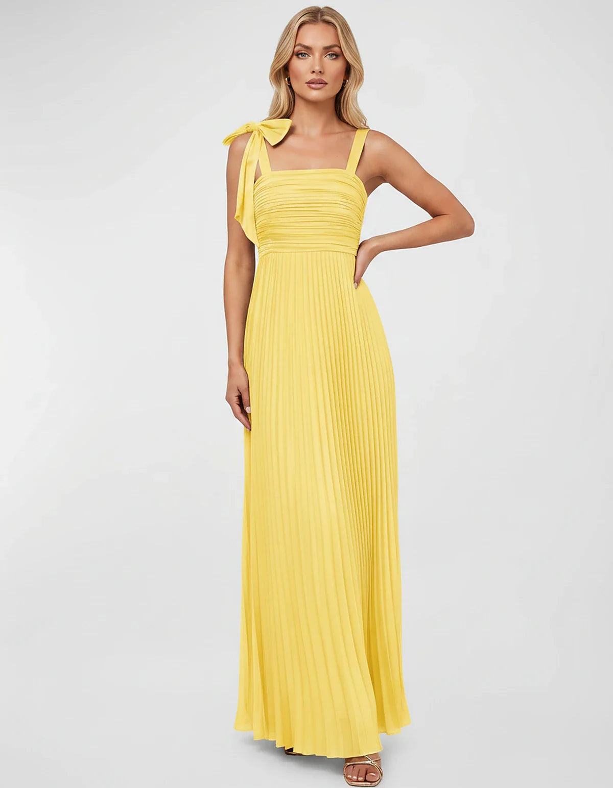 Satin-Feel Sleeveless Square Neck Empire Waist Pleated Maxi Dress for Party, Cocktail, Evening, Wedding Guest & Summer Events | SKU: VMD-583741920684157-YELLOW-L,VMD-583741920684157-YELLOW-M,VMD-583741920684157-YELLOW-S,VMD-583741920684157-YELLOW-XL,VMD-583741920684157-YELLOW-XS