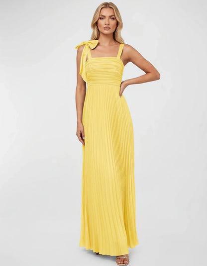 Satin-Feel Sleeveless Square Neck Empire Waist Pleated Maxi Dress for Party, Cocktail, Evening, Wedding Guest & Summer Events | SKU: VMD-583741920684157-YELLOW-L,VMD-583741920684157-YELLOW-M,VMD-583741920684157-YELLOW-S,VMD-583741920684157-YELLOW-XL,VMD-583741920684157-YELLOW-XS