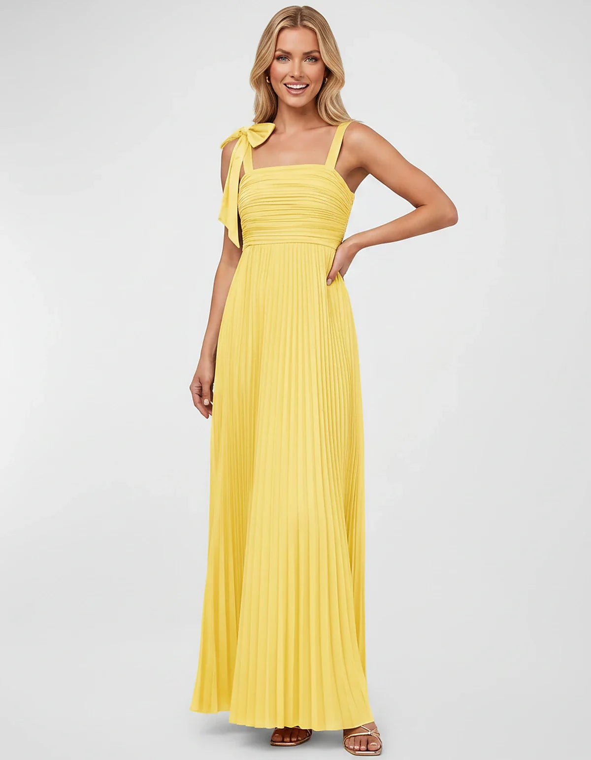 Satin-Feel Sleeveless Square Neck Empire Waist Pleated Maxi Dress for Party, Cocktail, Evening, Wedding Guest & Summer Events | SKU: VMD-583741920684157-YELLOW-L,VMD-583741920684157-YELLOW-M,VMD-583741920684157-YELLOW-S,VMD-583741920684157-YELLOW-XL,VMD-583741920684157-YELLOW-XS