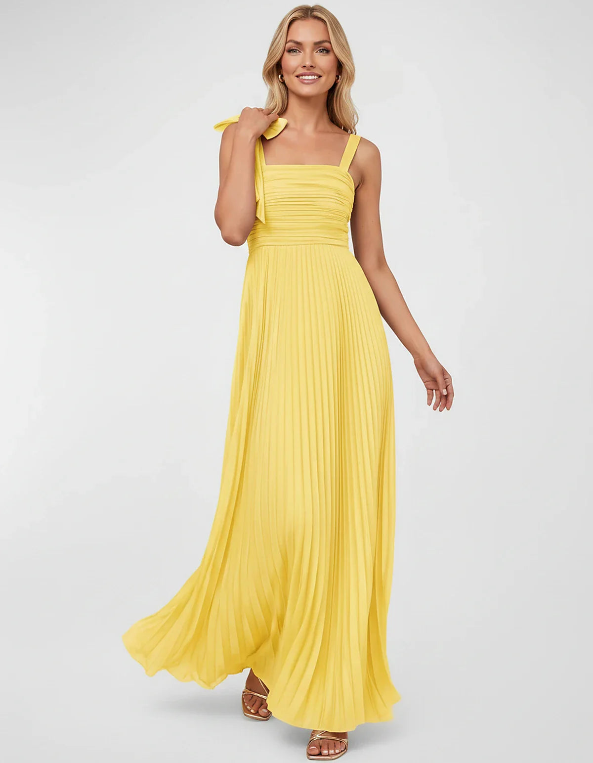 Satin-Feel Sleeveless Square Neck Empire Waist Pleated Maxi Dress for Party, Cocktail, Evening, Wedding Guest & Summer Events | SKU: VMD-583741920684157-YELLOW-L,VMD-583741920684157-YELLOW-M,VMD-583741920684157-YELLOW-S,VMD-583741920684157-YELLOW-XL,VMD-583741920684157-YELLOW-XS