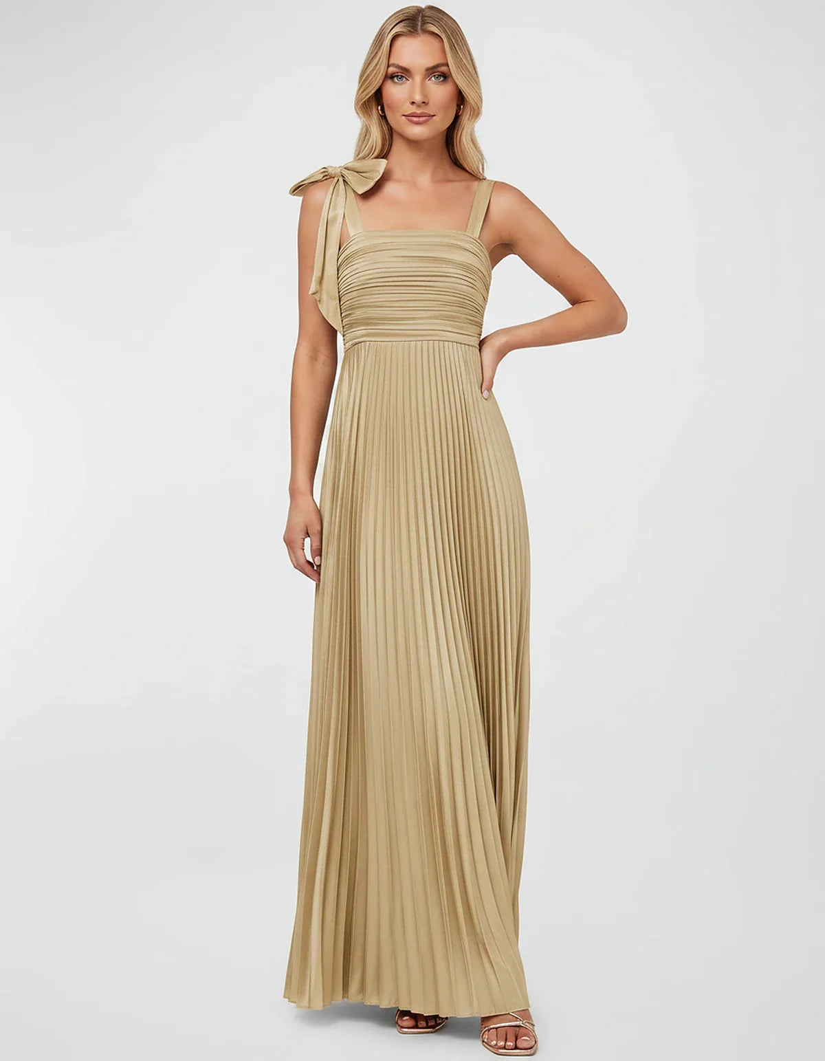 Satin-Feel Sleeveless Square Neck Empire Waist Pleated Maxi Dress for Party, Cocktail, Evening, Wedding Guest & Summer Events | SKU: VMD-583741920684157-SAND-L,VMD-583741920684157-SAND-M,VMD-583741920684157-SAND-S,VMD-583741920684157-SAND-XL,VMD-583741920684157-SAND-XS