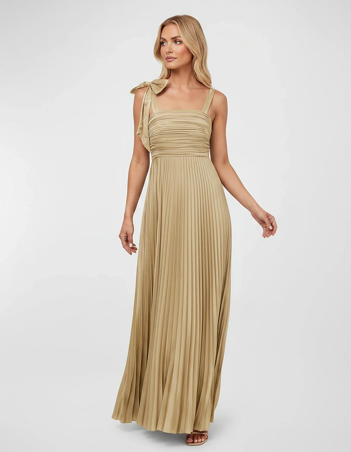 Satin-Feel Sleeveless Square Neck Empire Waist Pleated Maxi Dress for Party, Cocktail, Evening, Wedding Guest & Summer Events | SKU: VMD-583741920684157-SAND-L,VMD-583741920684157-SAND-M,VMD-583741920684157-SAND-S,VMD-583741920684157-SAND-XL,VMD-583741920684157-SAND-XS