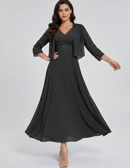 Chiffon Three-Quarter Sleeve V-Neck A-Line Midi Dress with Jacket for Party, Cocktail, Evening, Wedding Guest & Summer Events | SKU: VMD-583746291857364-BLACK-L,VMD-583746291857364-BLACK-M,VMD-583746291857364-BLACK-S,VMD-583746291857364-BLACK-XL,VMD-583746291857364-BLACK-XS
