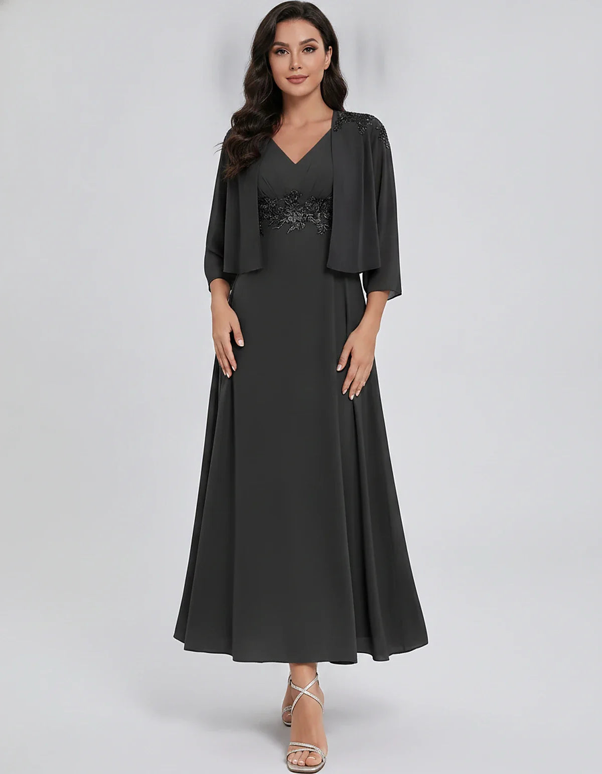 Chiffon Three-Quarter Sleeve V-Neck A-Line Midi Dress with Jacket for Party, Cocktail, Evening, Wedding Guest & Summer Events | SKU: VMD-583746291857364-BLACK-L,VMD-583746291857364-BLACK-M,VMD-583746291857364-BLACK-S,VMD-583746291857364-BLACK-XL,VMD-583746291857364-BLACK-XS