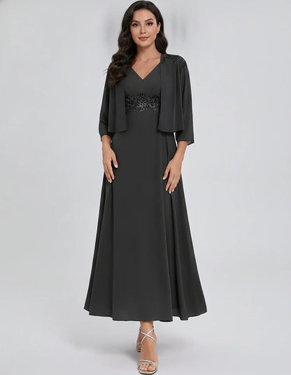 Chiffon Three-Quarter Sleeve V-Neck A-Line Midi Dress with Jacket for Party, Cocktail, Evening, Wedding Guest & Summer Events | SKU: VMD-583746291857364-BLACK-L,VMD-583746291857364-BLACK-M,VMD-583746291857364-BLACK-S,VMD-583746291857364-BLACK-XL,VMD-583746291857364-BLACK-XS