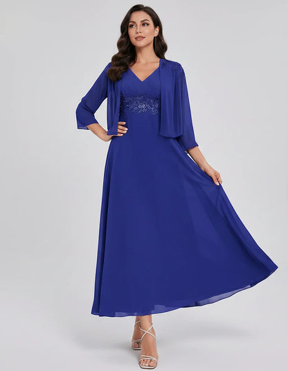 Chiffon Three-Quarter Sleeve V-Neck A-Line Midi Dress with Jacket for Party, Cocktail, Evening, Wedding Guest & Summer Events | SKU: VMD-583746291857364-BLUE-L,VMD-583746291857364-BLUE-M,VMD-583746291857364-BLUE-S,VMD-583746291857364-BLUE-XL,VMD-583746291857364-BLUE-XS