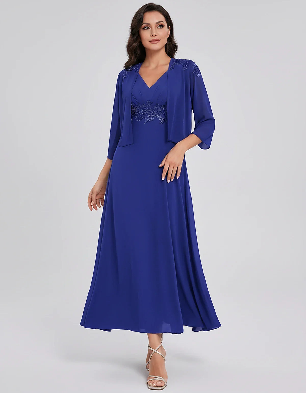 Chiffon Three-Quarter Sleeve V-Neck A-Line Midi Dress with Jacket for Party, Cocktail, Evening, Wedding Guest & Summer Events | SKU: VMD-583746291857364-BLUE-L,VMD-583746291857364-BLUE-M,VMD-583746291857364-BLUE-S,VMD-583746291857364-BLUE-XL,VMD-583746291857364-BLUE-XS