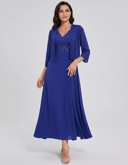 Chiffon Three-Quarter Sleeve V-Neck A-Line Midi Dress with Jacket for Party, Cocktail, Evening, Wedding Guest & Summer Events | SKU: VMD-583746291857364-BLUE-L,VMD-583746291857364-BLUE-M,VMD-583746291857364-BLUE-S,VMD-583746291857364-BLUE-XL,VMD-583746291857364-BLUE-XS