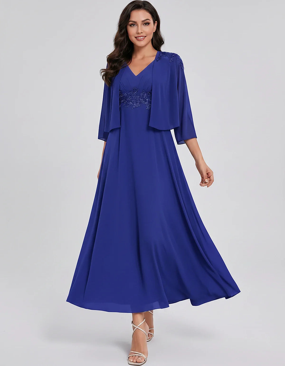 Chiffon Three-Quarter Sleeve V-Neck A-Line Midi Dress with Jacket for Party, Cocktail, Evening, Wedding Guest & Summer Events | SKU: VMD-583746291857364-BLUE-L,VMD-583746291857364-BLUE-M,VMD-583746291857364-BLUE-S,VMD-583746291857364-BLUE-XL,VMD-583746291857364-BLUE-XS