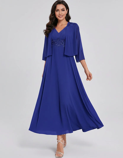 Chiffon Three-Quarter Sleeve V-Neck A-Line Midi Dress with Jacket for Party, Cocktail, Evening, Wedding Guest & Summer Events | SKU: VMD-583746291857364-BLUE-L,VMD-583746291857364-BLUE-M,VMD-583746291857364-BLUE-S,VMD-583746291857364-BLUE-XL,VMD-583746291857364-BLUE-XS