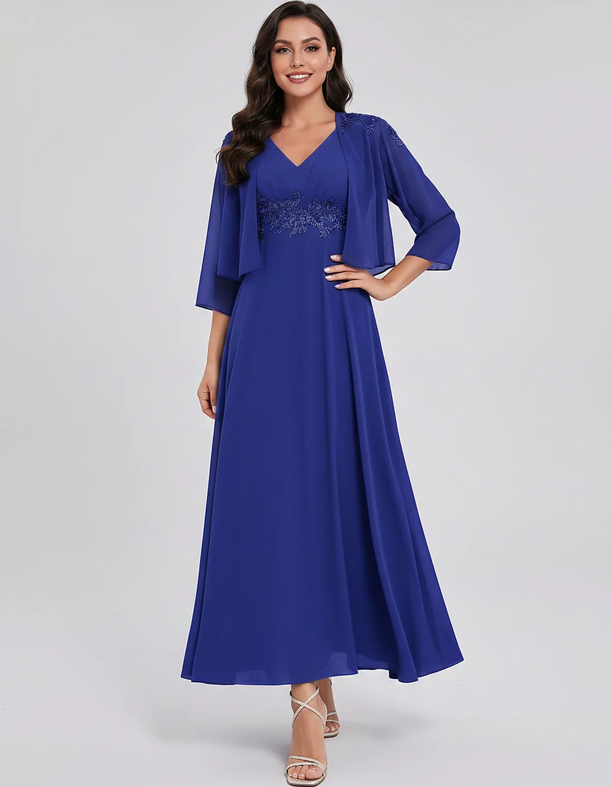 Chiffon Three-Quarter Sleeve V-Neck A-Line Midi Dress with Jacket for Party, Cocktail, Evening, Wedding Guest & Summer Events | SKU: VMD-583746291857364-BLUE-L,VMD-583746291857364-BLUE-M,VMD-583746291857364-BLUE-S,VMD-583746291857364-BLUE-XL,VMD-583746291857364-BLUE-XS