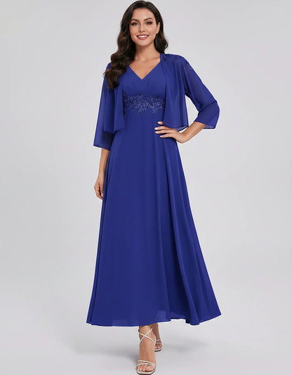Chiffon Three-Quarter Sleeve V-Neck A-Line Midi Dress with Jacket for Party, Cocktail, Evening, Wedding Guest & Summer Events | SKU: VMD-583746291857364-BLUE-L,VMD-583746291857364-BLUE-M,VMD-583746291857364-BLUE-S,VMD-583746291857364-BLUE-XL,VMD-583746291857364-BLUE-XS