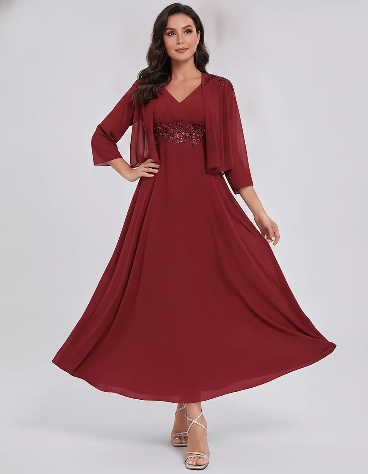 Chiffon Three-Quarter Sleeve V-Neck A-Line Midi Dress with Jacket for Party, Cocktail, Evening, Wedding Guest & Summer Events | SKU: VMD-583746291857364-BUGUNDY-L,VMD-583746291857364-BUGUNDY-M,VMD-583746291857364-BUGUNDY-S,VMD-583746291857364-BUGUNDY-XL,VMD-583746291857364-BUGUNDY-XS