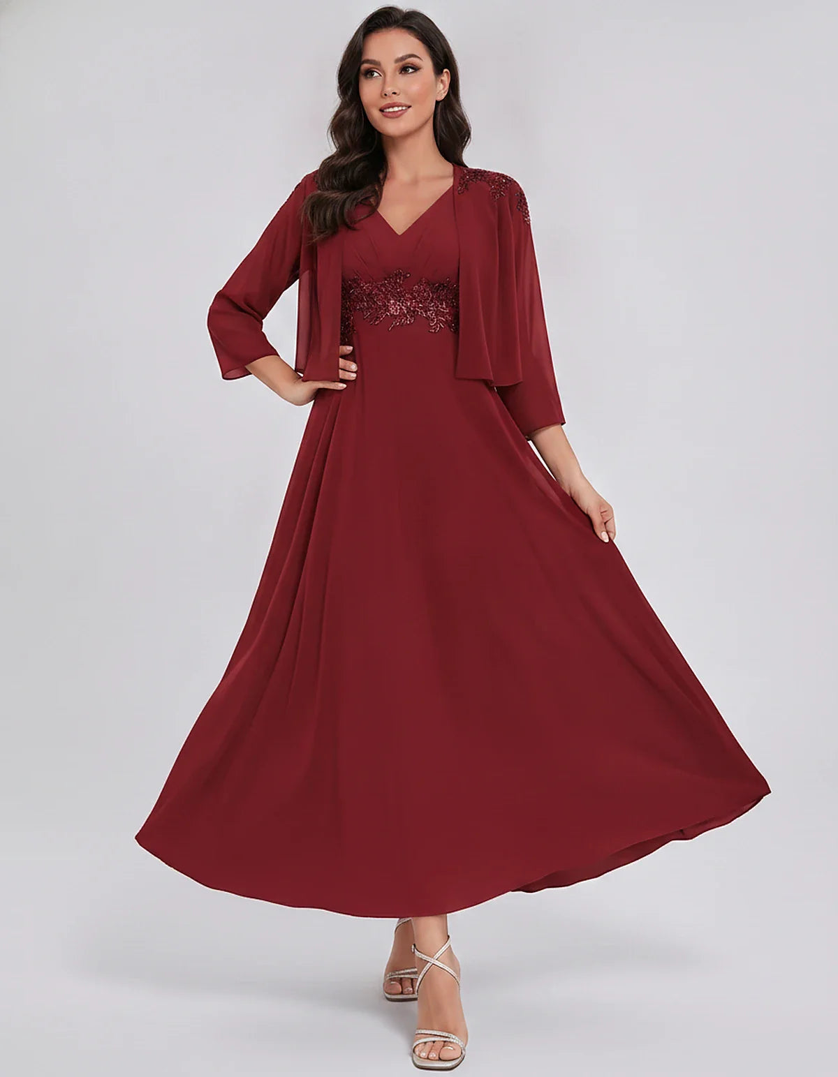 Chiffon Three-Quarter Sleeve V-Neck A-Line Midi Dress with Jacket for Party, Cocktail, Evening, Wedding Guest & Summer Events | SKU: VMD-583746291857364-BUGUNDY-L,VMD-583746291857364-BUGUNDY-M,VMD-583746291857364-BUGUNDY-S,VMD-583746291857364-BUGUNDY-XL,VMD-583746291857364-BUGUNDY-XS