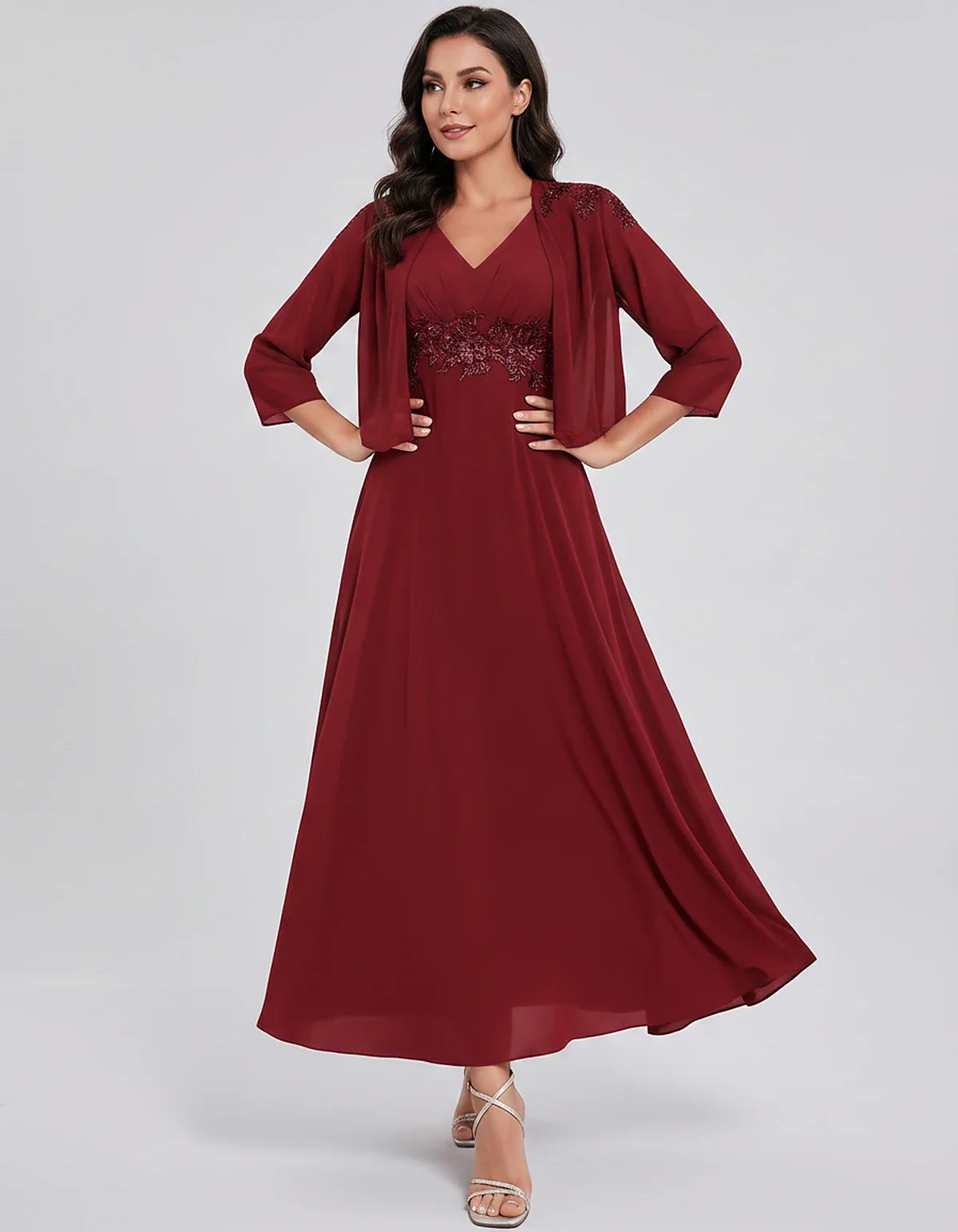 Chiffon Three-Quarter Sleeve V-Neck A-Line Midi Dress with Jacket for Party, Cocktail, Evening, Wedding Guest & Summer Events | SKU: VMD-583746291857364-BUGUNDY-L,VMD-583746291857364-BUGUNDY-M,VMD-583746291857364-BUGUNDY-S,VMD-583746291857364-BUGUNDY-XL,VMD-583746291857364-BUGUNDY-XS