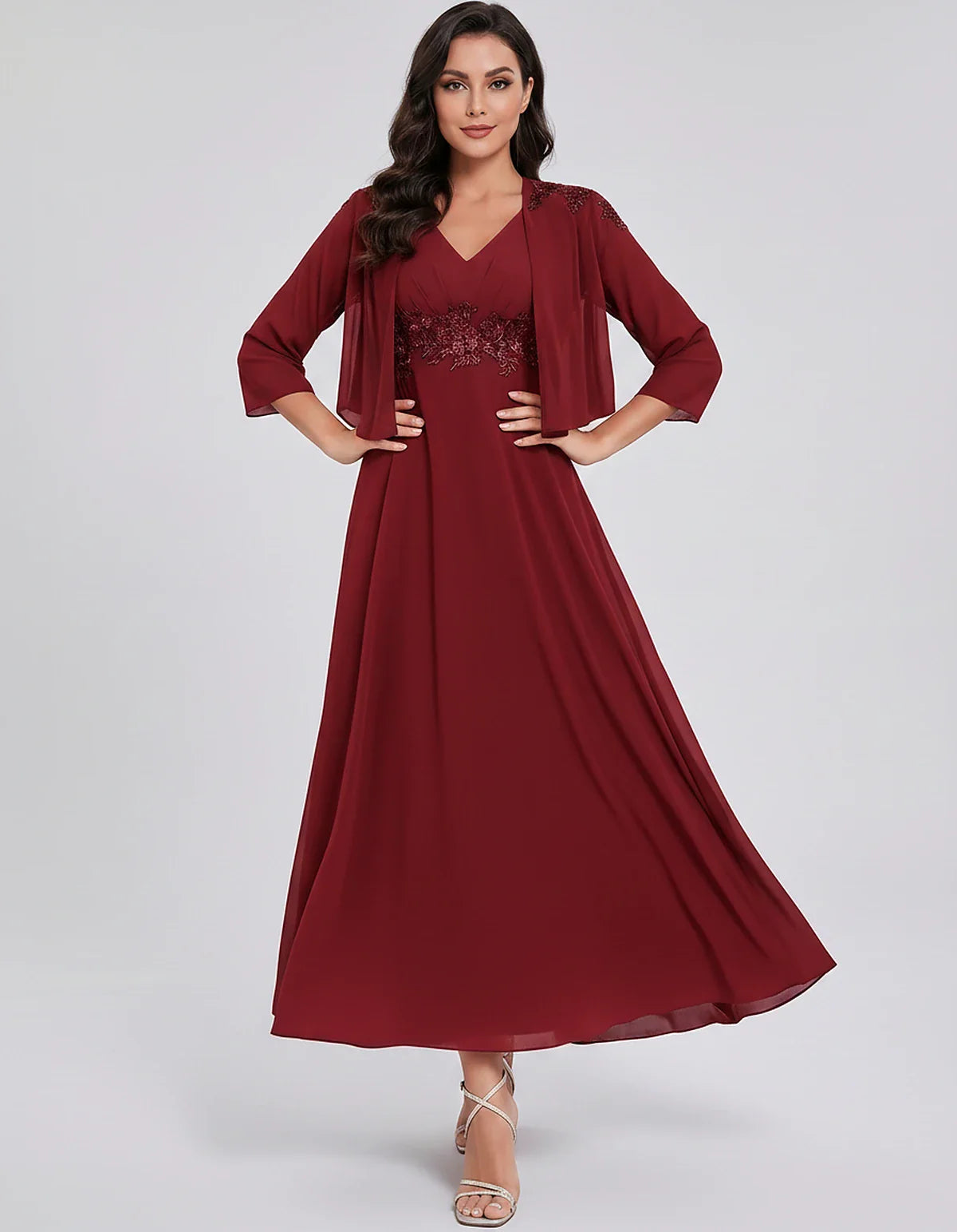 Chiffon Three-Quarter Sleeve V-Neck A-Line Midi Dress with Jacket for Party, Cocktail, Evening, Wedding Guest & Summer Events | SKU: VMD-583746291857364-BUGUNDY-L,VMD-583746291857364-BUGUNDY-M,VMD-583746291857364-BUGUNDY-S,VMD-583746291857364-BUGUNDY-XL,VMD-583746291857364-BUGUNDY-XS