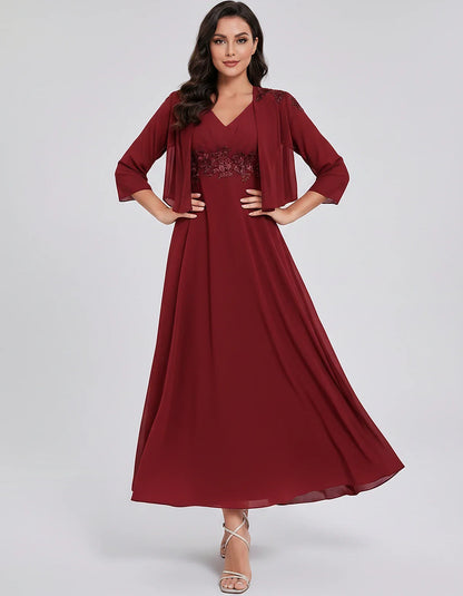 Chiffon Three-Quarter Sleeve V-Neck A-Line Midi Dress with Jacket for Party, Cocktail, Evening, Wedding Guest & Summer Events | SKU: VMD-583746291857364-BUGUNDY-L,VMD-583746291857364-BUGUNDY-M,VMD-583746291857364-BUGUNDY-S,VMD-583746291857364-BUGUNDY-XL,VMD-583746291857364-BUGUNDY-XS