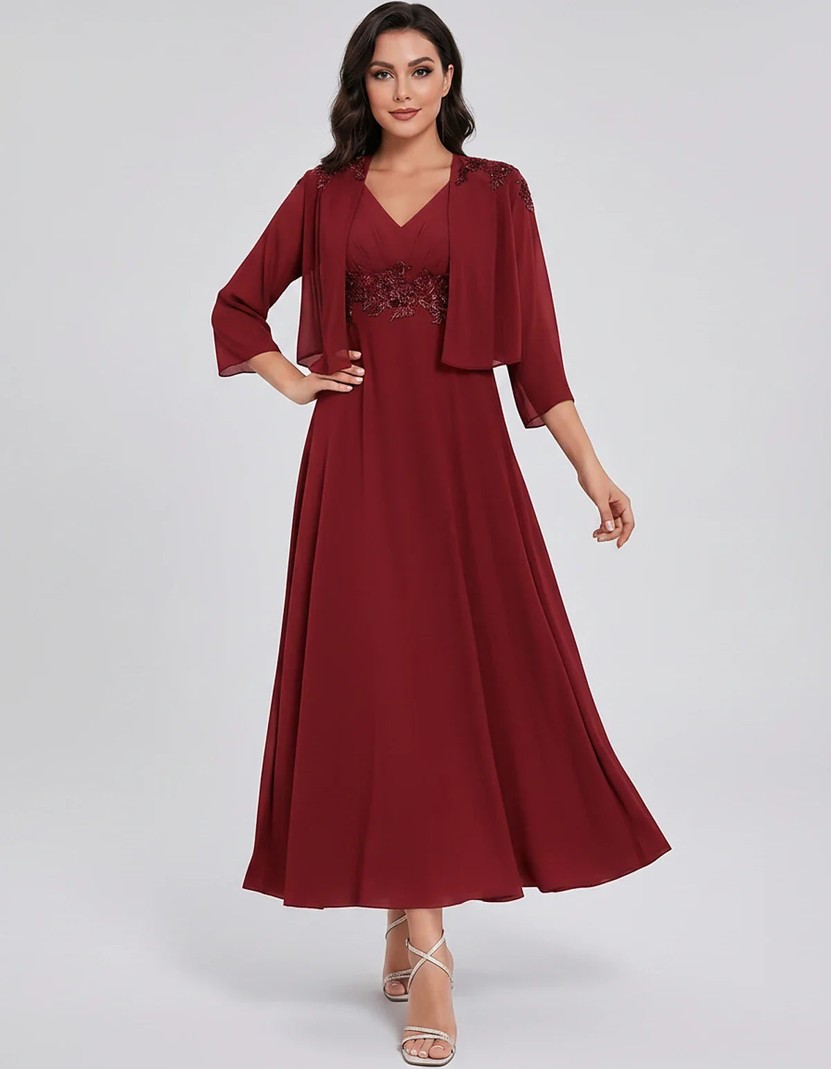 Chiffon Three-Quarter Sleeve V-Neck A-Line Midi Dress with Jacket for Party, Cocktail, Evening, Wedding Guest & Summer Events | SKU: VMD-583746291857364-BUGUNDY-L,VMD-583746291857364-BUGUNDY-M,VMD-583746291857364-BUGUNDY-S,VMD-583746291857364-BUGUNDY-XL,VMD-583746291857364-BUGUNDY-XS