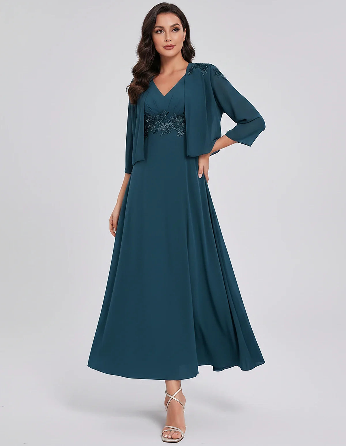 Chiffon Three-Quarter Sleeve V-Neck A-Line Midi Dress with Jacket for Party, Cocktail, Evening, Wedding Guest & Summer Events | SKU: VMD-583746291857364-TEAL-L,VMD-583746291857364-TEAL-M,VMD-583746291857364-TEAL-S,VMD-583746291857364-TEAL-XL,VMD-583746291857364-TEAL-XS