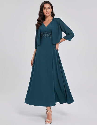 Chiffon Three-Quarter Sleeve V-Neck A-Line Midi Dress with Jacket for Party, Cocktail, Evening, Wedding Guest & Summer Events | SKU: VMD-583746291857364-TEAL-L,VMD-583746291857364-TEAL-M,VMD-583746291857364-TEAL-S,VMD-583746291857364-TEAL-XL,VMD-583746291857364-TEAL-XS
