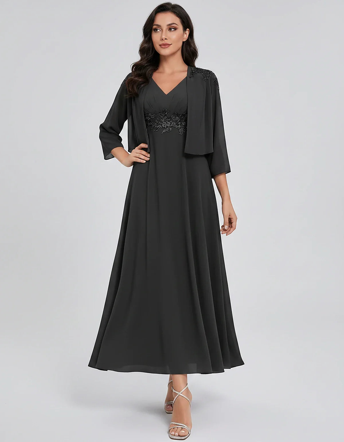 Chiffon Three-Quarter Sleeve V-Neck A-Line Midi Dress with Jacket for Party, Cocktail, Evening, Wedding Guest & Summer Events | SKU: VMD-583746291857364-BLACK-L,VMD-583746291857364-BLACK-M,VMD-583746291857364-BLACK-S,VMD-583746291857364-BLACK-XL,VMD-583746291857364-BLACK-XS