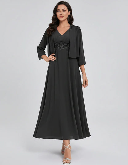 Chiffon Three-Quarter Sleeve V-Neck A-Line Midi Dress with Jacket for Party, Cocktail, Evening, Wedding Guest & Summer Events | SKU: VMD-583746291857364-BLACK-L,VMD-583746291857364-BLACK-M,VMD-583746291857364-BLACK-S,VMD-583746291857364-BLACK-XL,VMD-583746291857364-BLACK-XS