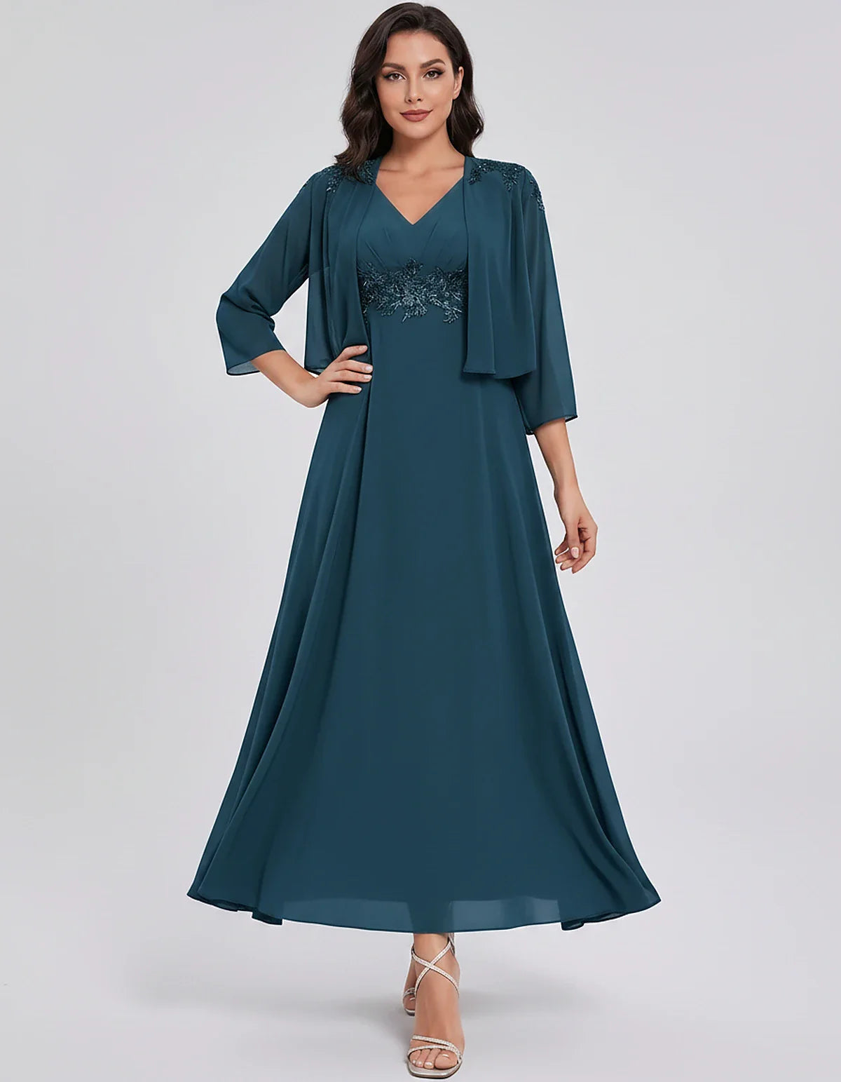 Chiffon Three-Quarter Sleeve V-Neck A-Line Midi Dress with Jacket for Party, Cocktail, Evening, Wedding Guest & Summer Events | SKU: VMD-583746291857364-TEAL-L,VMD-583746291857364-TEAL-M,VMD-583746291857364-TEAL-S,VMD-583746291857364-TEAL-XL,VMD-583746291857364-TEAL-XS