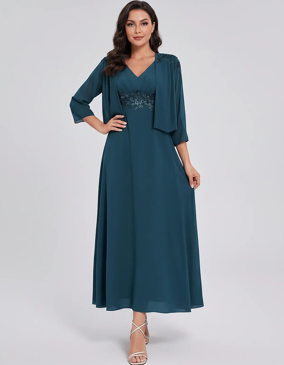 Chiffon Three-Quarter Sleeve V-Neck A-Line Midi Dress with Jacket for Party, Cocktail, Evening, Wedding Guest & Summer Events | SKU: VMD-583746291857364-TEAL-L,VMD-583746291857364-TEAL-M,VMD-583746291857364-TEAL-S,VMD-583746291857364-TEAL-XL,VMD-583746291857364-TEAL-XS