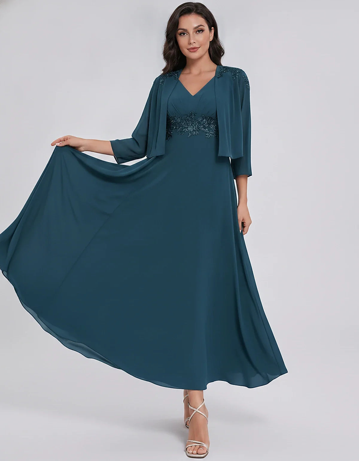 Chiffon Three-Quarter Sleeve V-Neck A-Line Midi Dress with Jacket for Party, Cocktail, Evening, Wedding Guest & Summer Events | SKU: VMD-583746291857364-TEAL-L,VMD-583746291857364-TEAL-M,VMD-583746291857364-TEAL-S,VMD-583746291857364-TEAL-XL,VMD-583746291857364-TEAL-XS
