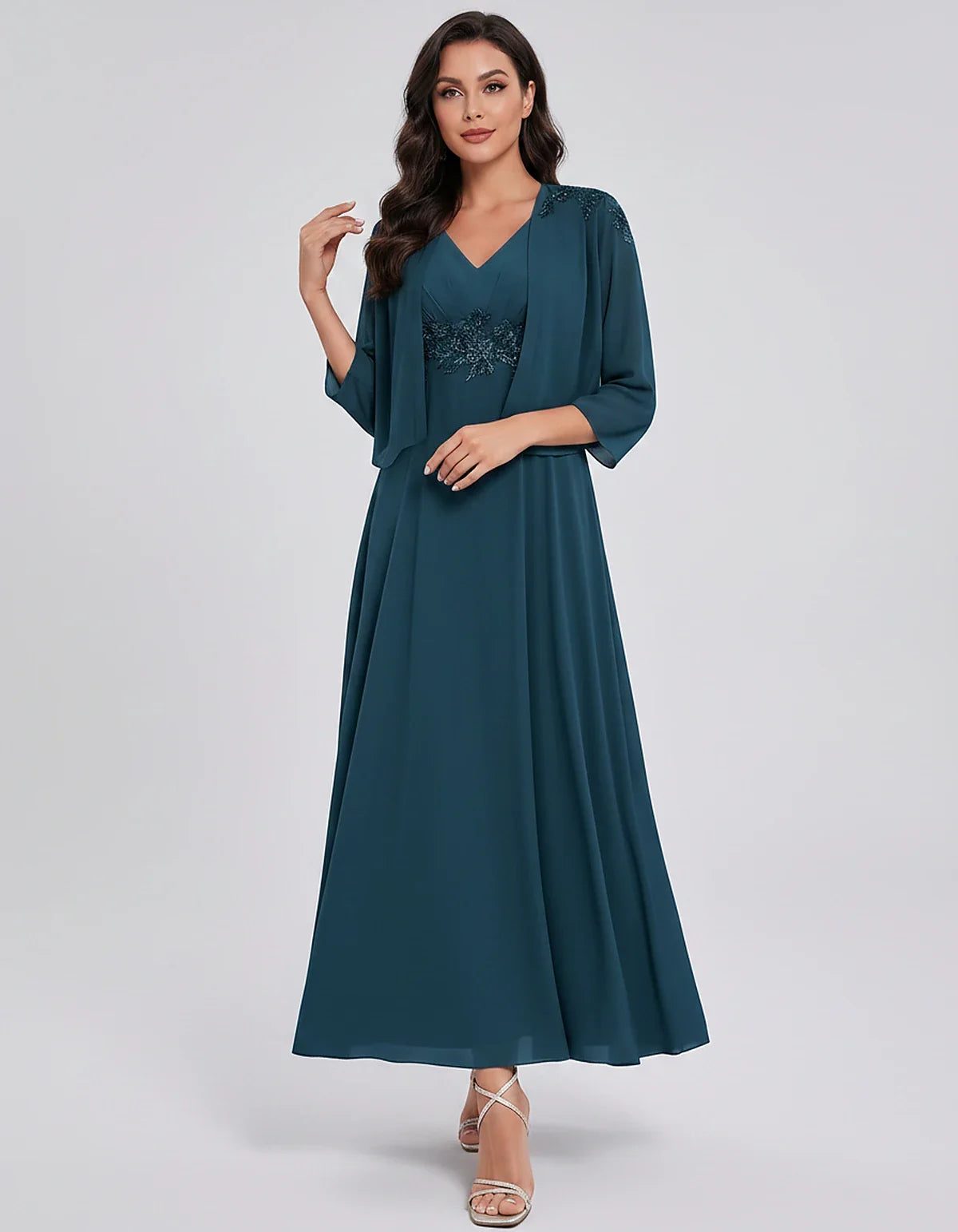 Chiffon Three-Quarter Sleeve V-Neck A-Line Midi Dress with Jacket for Party, Cocktail, Evening, Wedding Guest & Summer Events | SKU: VMD-583746291857364-TEAL-L,VMD-583746291857364-TEAL-M,VMD-583746291857364-TEAL-S,VMD-583746291857364-TEAL-XL,VMD-583746291857364-TEAL-XS