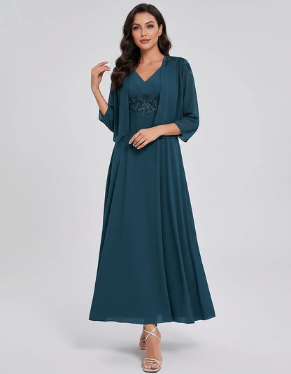 Chiffon Three-Quarter Sleeve V-Neck A-Line Midi Dress with Jacket for Party, Cocktail, Evening, Wedding Guest & Summer Events | SKU: VMD-583746291857364-TEAL-L,VMD-583746291857364-TEAL-M,VMD-583746291857364-TEAL-S,VMD-583746291857364-TEAL-XL,VMD-583746291857364-TEAL-XS