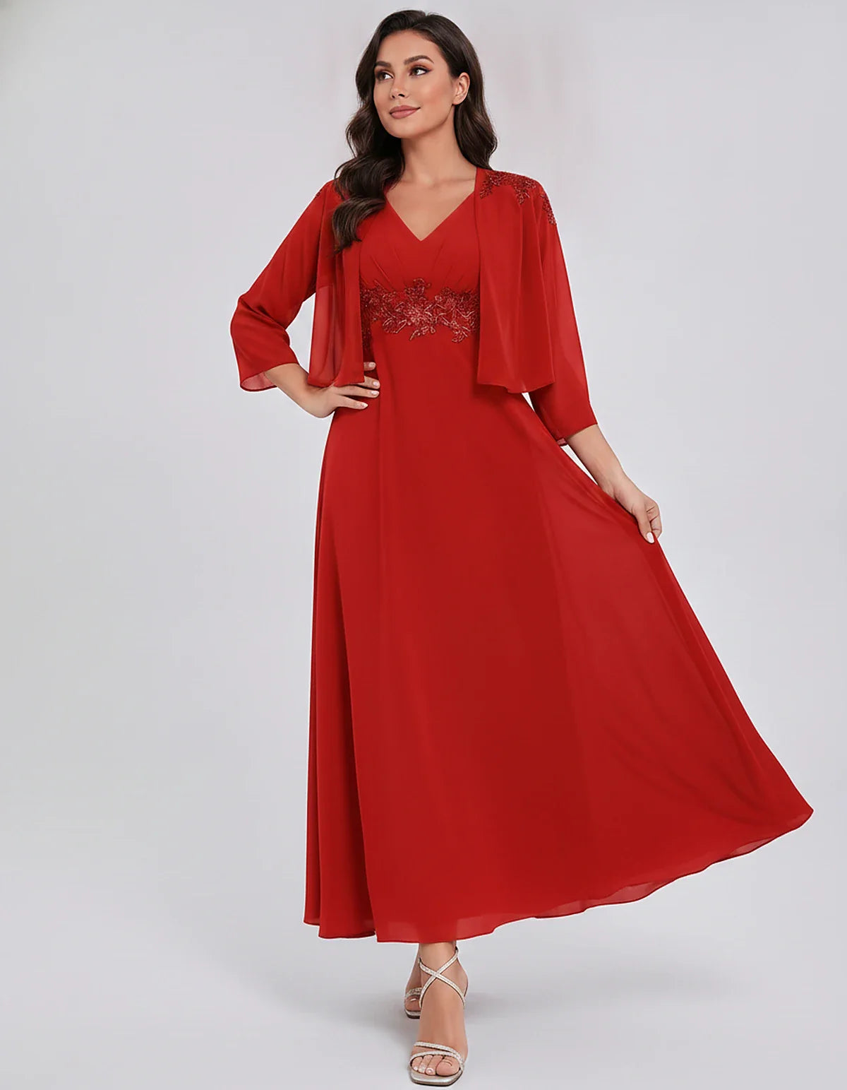 Chiffon Three-Quarter Sleeve V-Neck A-Line Midi Dress with Jacket for Party, Cocktail, Evening, Wedding Guest & Summer Events | SKU: VMD-583746291857364-RED-L,VMD-583746291857364-RED-M,VMD-583746291857364-RED-S,VMD-583746291857364-RED-XL,VMD-583746291857364-RED-XS