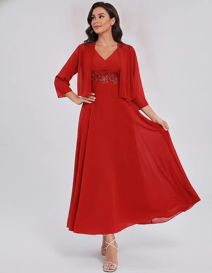 Chiffon Three-Quarter Sleeve V-Neck A-Line Midi Dress with Jacket for Party, Cocktail, Evening, Wedding Guest & Summer Events | SKU: VMD-583746291857364-RED-L,VMD-583746291857364-RED-M,VMD-583746291857364-RED-S,VMD-583746291857364-RED-XL,VMD-583746291857364-RED-XS