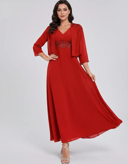 Chiffon Three-Quarter Sleeve V-Neck A-Line Midi Dress with Jacket for Party, Cocktail, Evening, Wedding Guest & Summer Events | SKU: VMD-583746291857364-RED-L,VMD-583746291857364-RED-M,VMD-583746291857364-RED-S,VMD-583746291857364-RED-XL,VMD-583746291857364-RED-XS