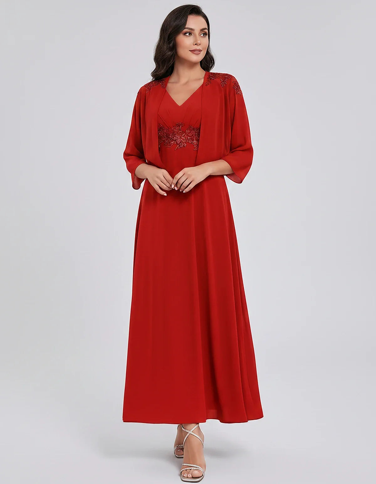Chiffon Three-Quarter Sleeve V-Neck A-Line Midi Dress with Jacket for Party, Cocktail, Evening, Wedding Guest & Summer Events | SKU: VMD-583746291857364-RED-L,VMD-583746291857364-RED-M,VMD-583746291857364-RED-S,VMD-583746291857364-RED-XL,VMD-583746291857364-RED-XS