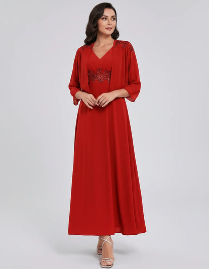 Chiffon Three-Quarter Sleeve V-Neck A-Line Midi Dress with Jacket for Party, Cocktail, Evening, Wedding Guest & Summer Events | SKU: VMD-583746291857364-RED-L,VMD-583746291857364-RED-M,VMD-583746291857364-RED-S,VMD-583746291857364-RED-XL,VMD-583746291857364-RED-XS