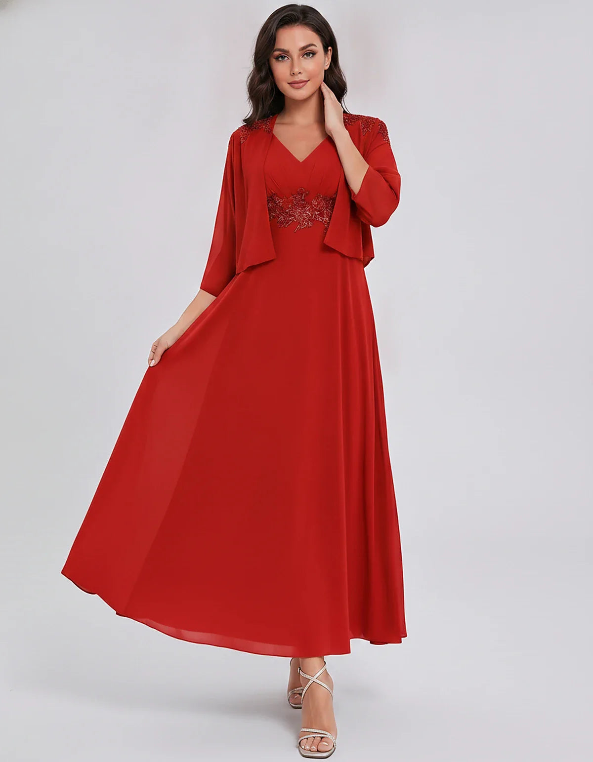 Chiffon Three-Quarter Sleeve V-Neck A-Line Midi Dress with Jacket for Party, Cocktail, Evening, Wedding Guest & Summer Events | SKU: VMD-583746291857364-RED-L,VMD-583746291857364-RED-M,VMD-583746291857364-RED-S,VMD-583746291857364-RED-XL,VMD-583746291857364-RED-XS